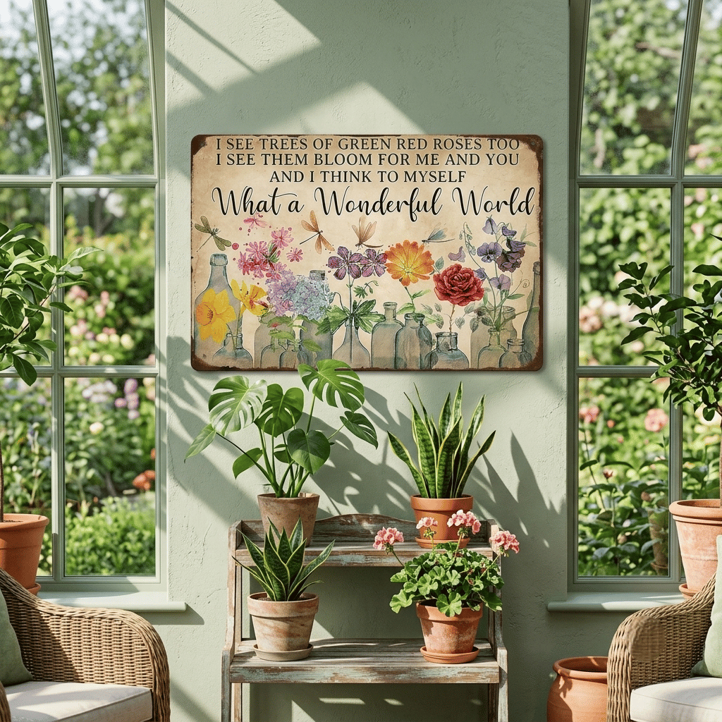 Vintage "What a Wonderful World" Floral & Dragonfly Metal Tin Sign