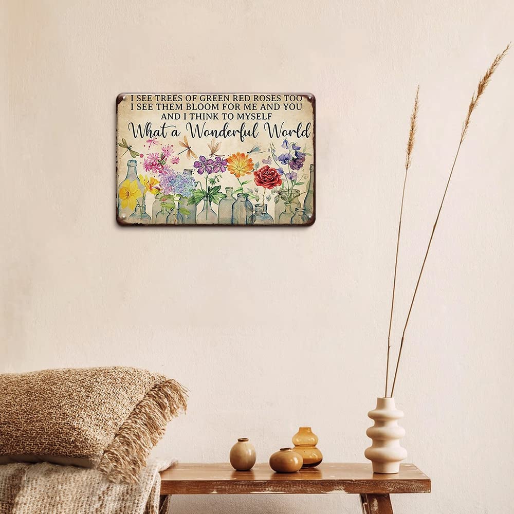 Vintage "What a Wonderful World" Floral & Dragonfly Metal Tin Sign