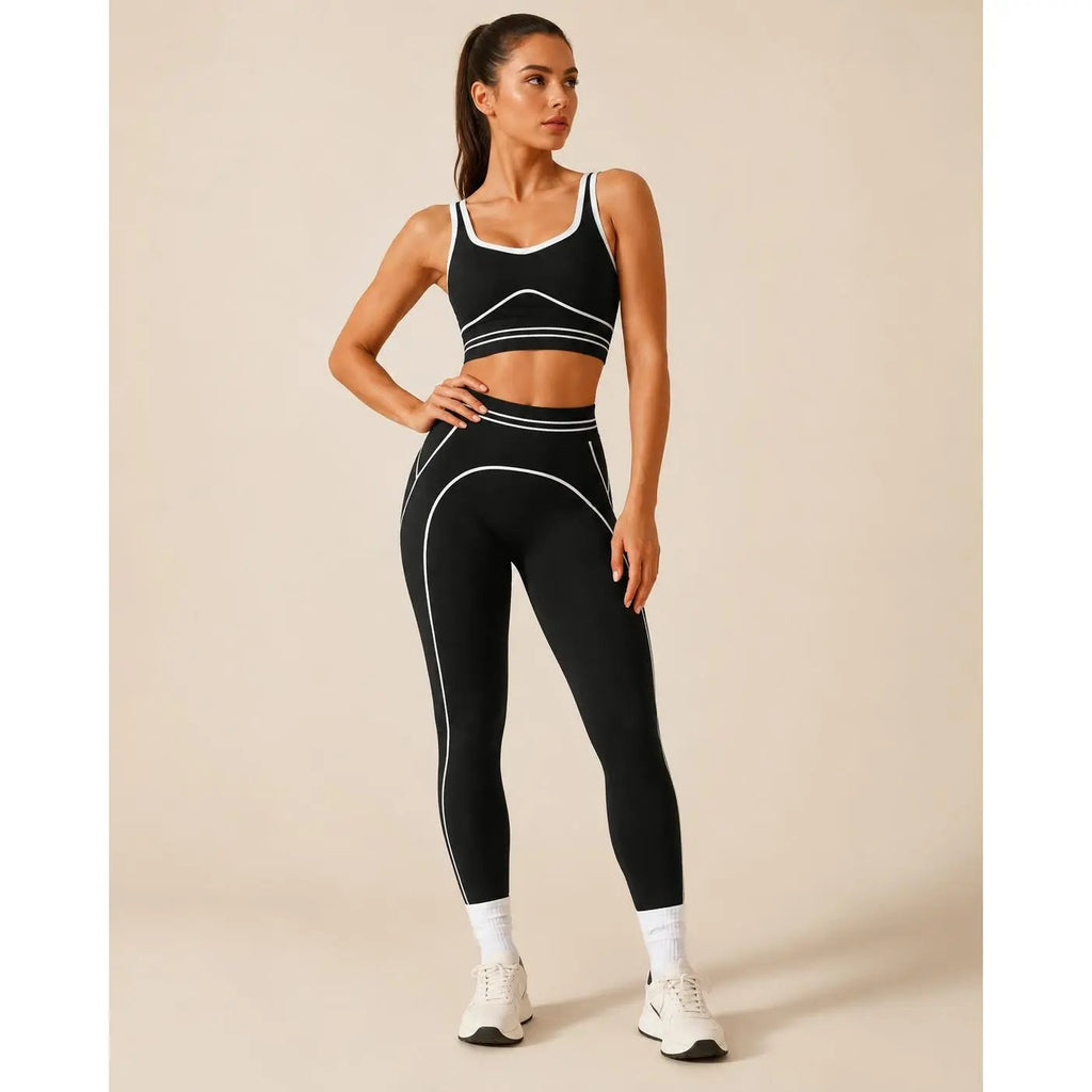 ✨High Waist Contrast Line Yoga 2 Piece Set, Butt-Lift Sculpt Workout Outfit, Supportive Sports Bra & Stretch Leggings for Gym Running Tennis