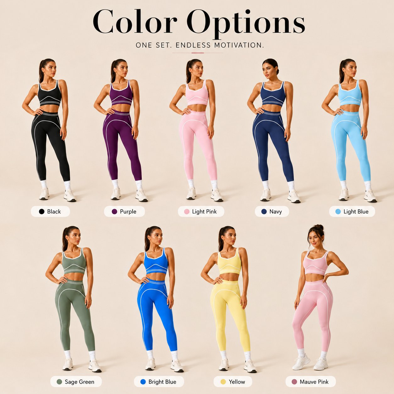 ✨High Waist Contrast Line Yoga 2 Piece Set, Butt-Lift Sculpt Workout Outfit, Supportive Sports Bra & Stretch Leggings for Gym Running Tennis