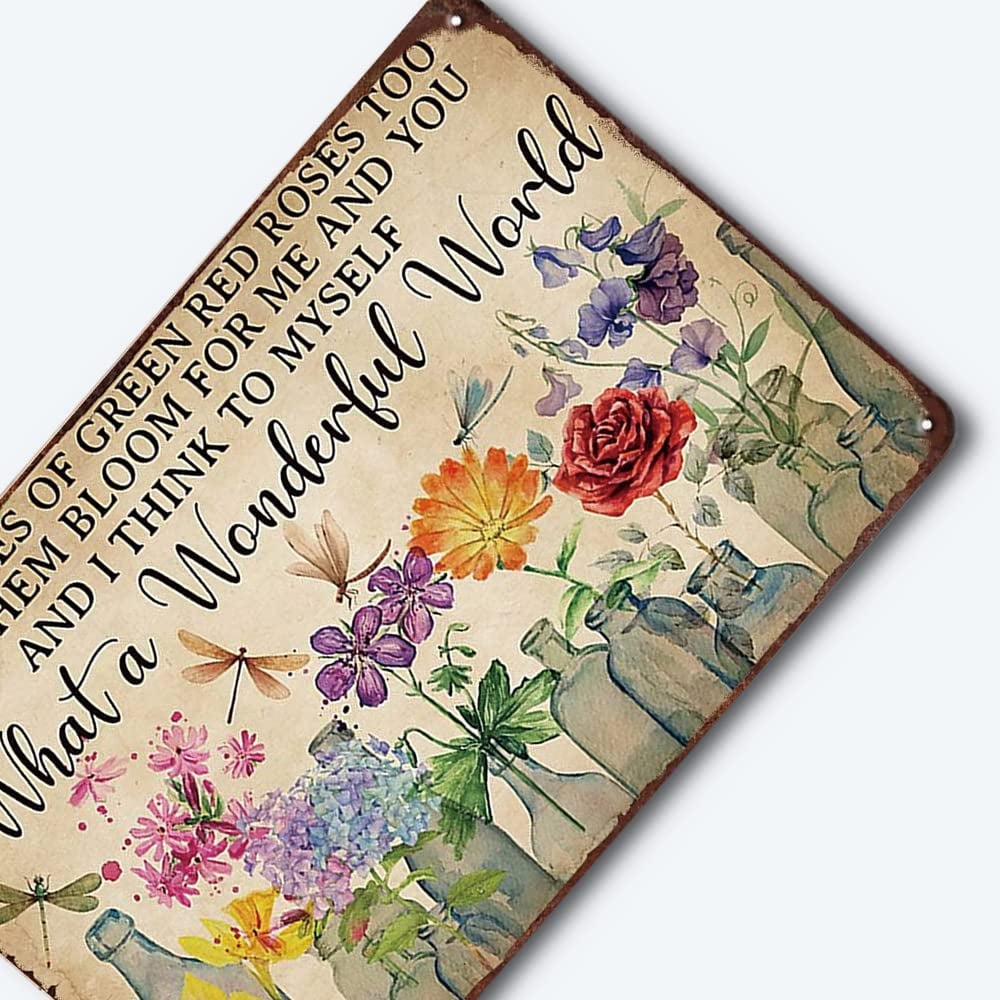Vintage "What a Wonderful World" Floral & Dragonfly Metal Tin Sign