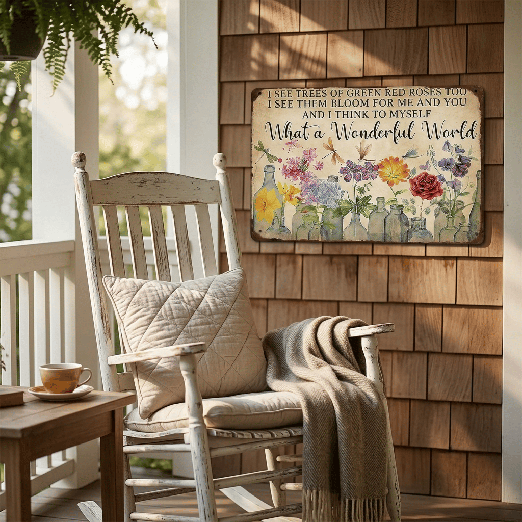 Vintage "What a Wonderful World" Floral & Dragonfly Metal Tin Sign