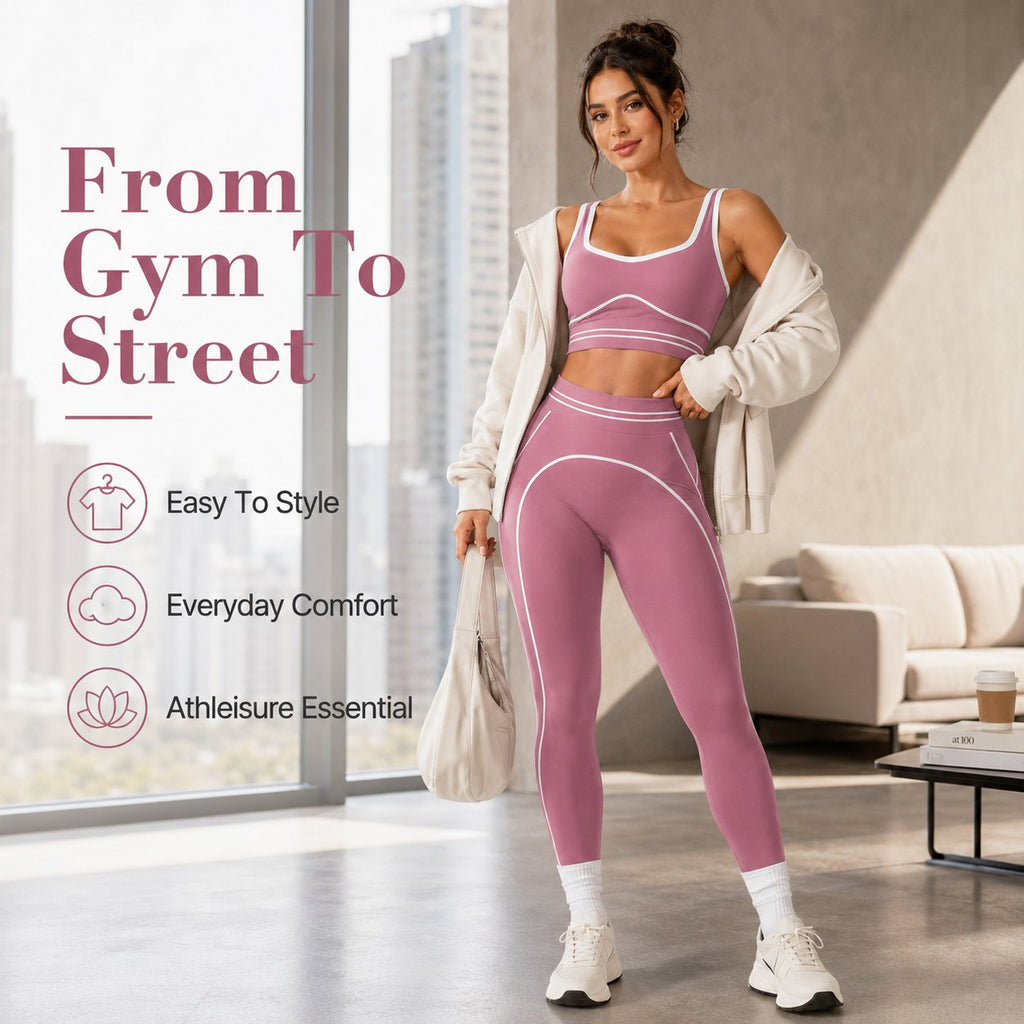 ✨High Waist Contrast Line Yoga 2 Piece Set, Butt-Lift Sculpt Workout Outfit, Supportive Sports Bra & Stretch Leggings for Gym Running Tennis