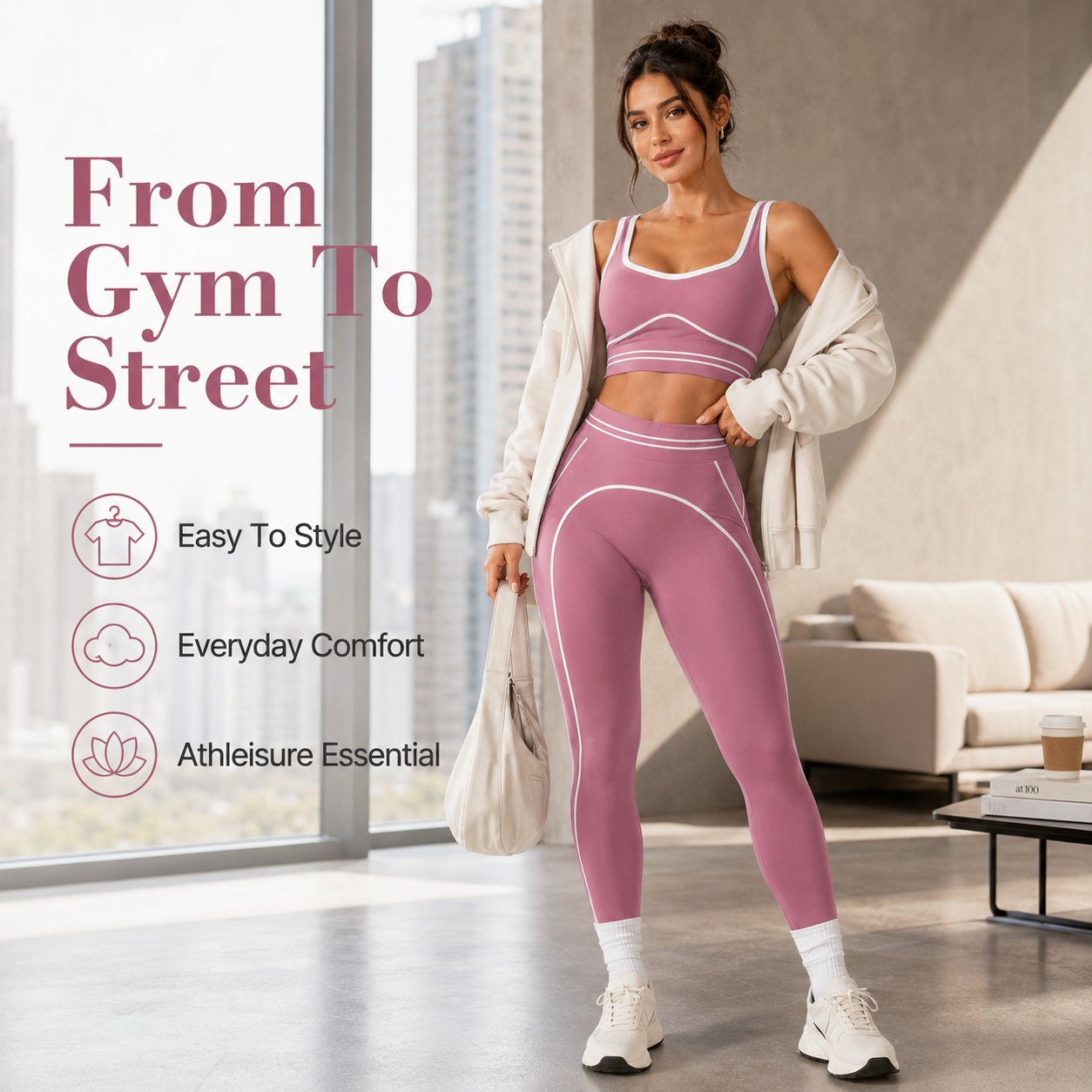 ✨High Waist Contrast Line Yoga 2 Piece Set, Butt-Lift Sculpt Workout Outfit, Supportive Sports Bra & Stretch Leggings for Gym Running Tennis