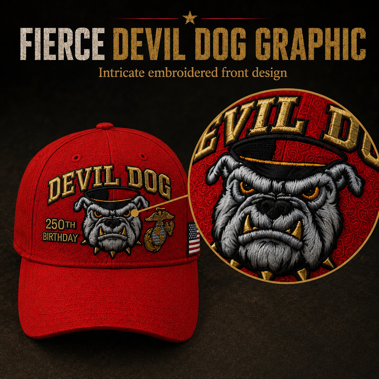 Handmade Embroidered Devil Dog 250th Birthday Commemorative Cap 🇺🇸