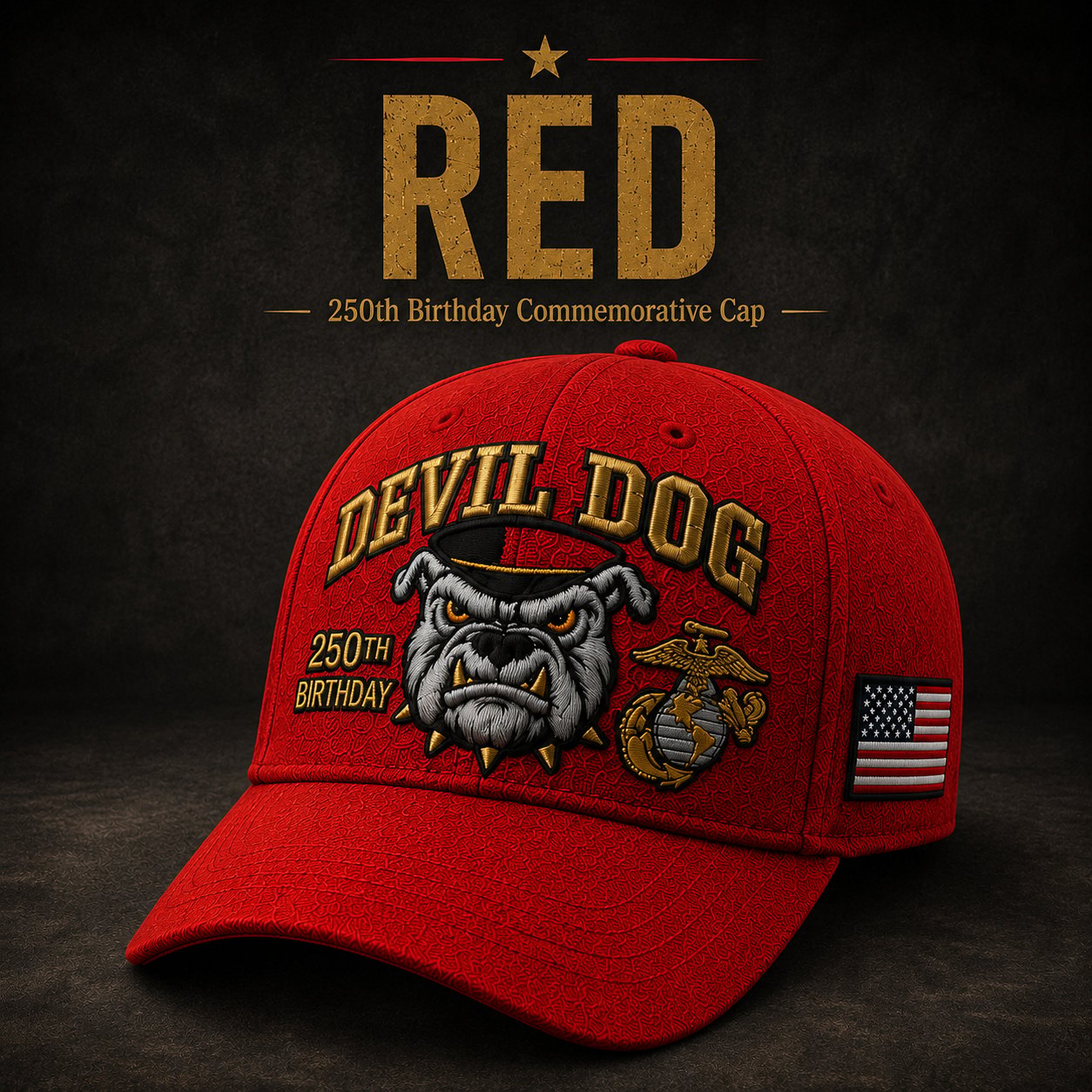 Handmade Embroidered Devil Dog 250th Birthday Commemorative Cap 🇺🇸