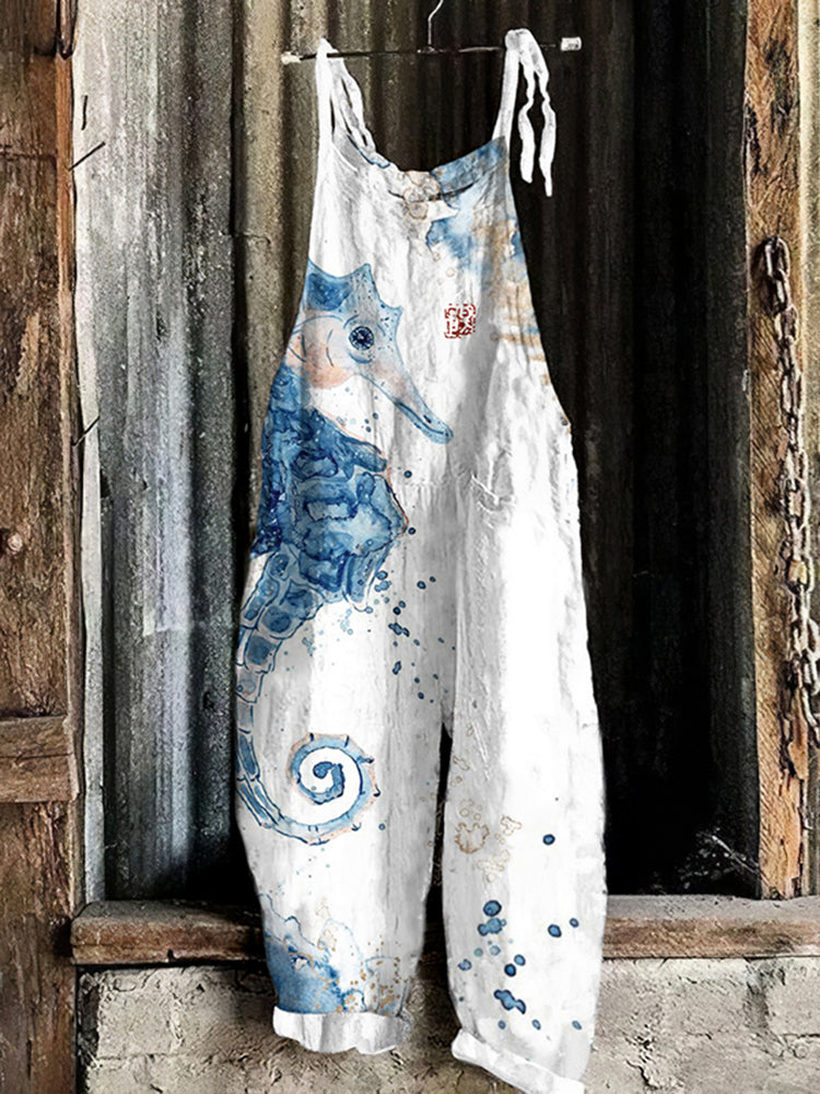 Vintage Seahorse Ink Art Loose Casual Jumpsuit