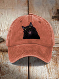 Japanese Art Black Cat Print Washed Hat