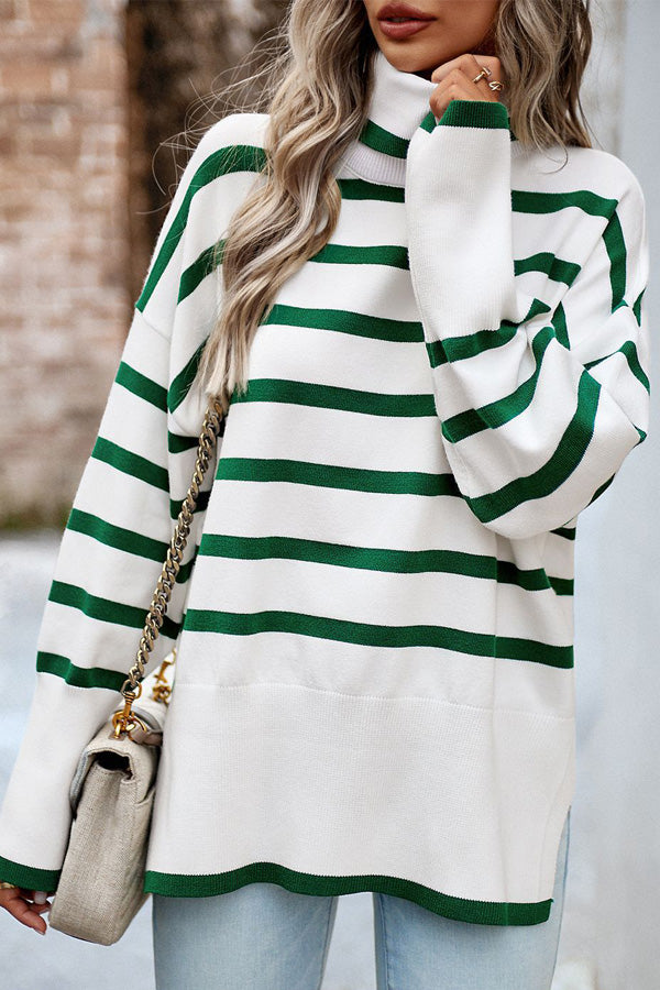 Striped Turtleneck Long Sleeve Side Slit Sweater