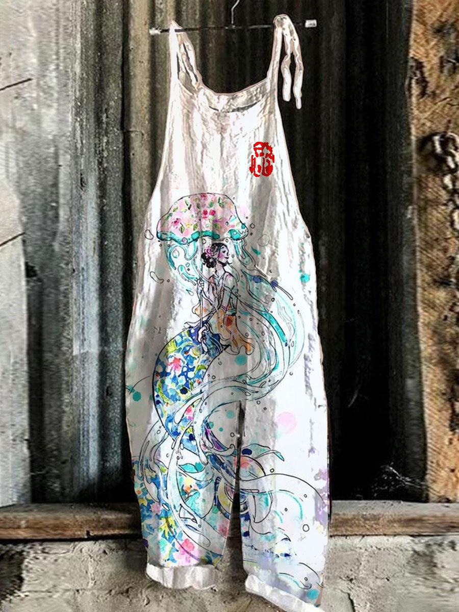 Jellyfish & Mermaid Linen Blend Loose Casual Jumpsuit