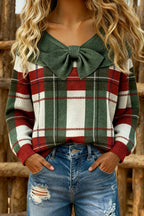 Classic Checkered Bow Detailed Long Sleeve Sweater