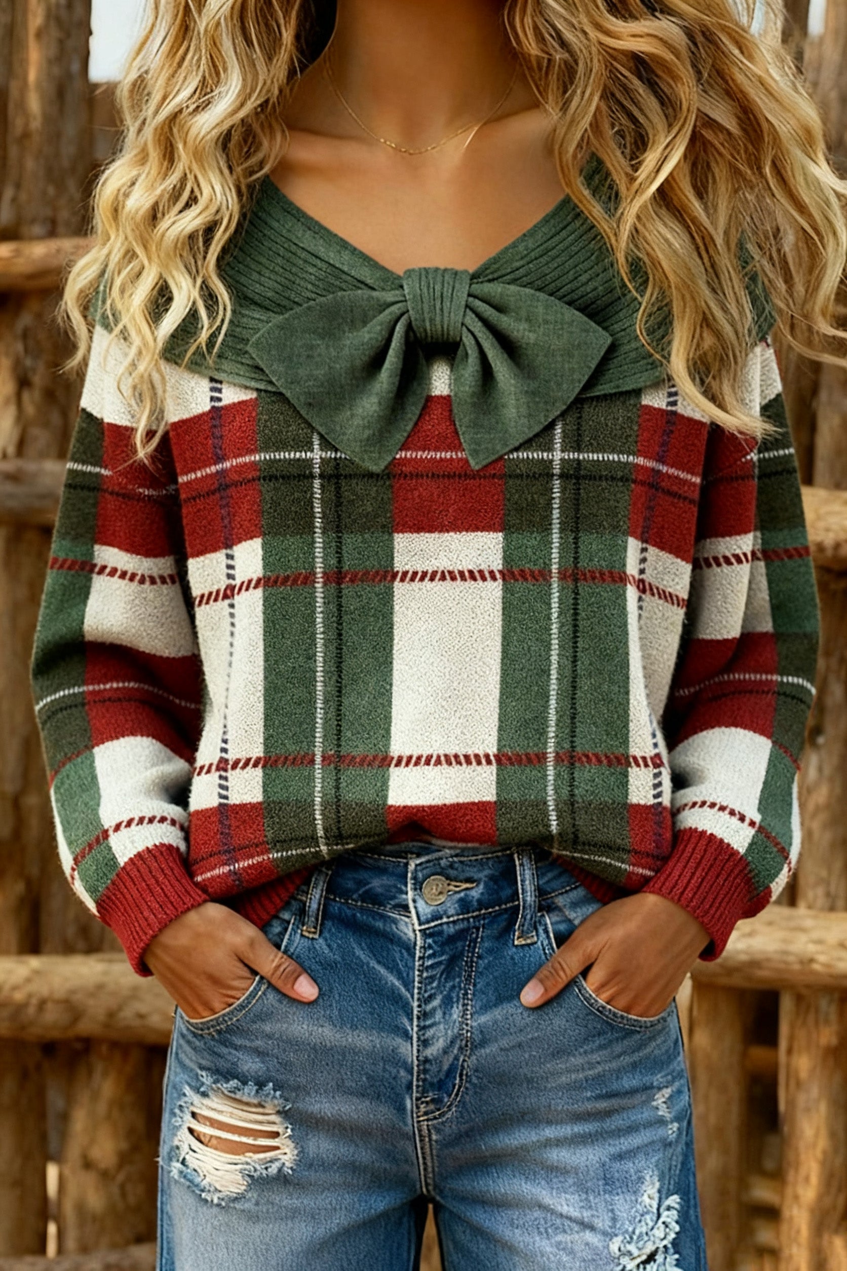 Classic Checkered Bow Detailed Long Sleeve Sweater