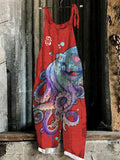 Japanese Art Red Octopus Linen Blend Loose Casual Jumpsuit