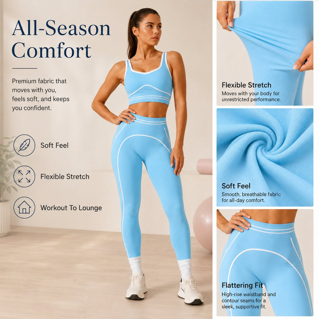 ✨High Waist Contrast Line Yoga 2 Piece Set, Butt-Lift Sculpt Workout Outfit, Supportive Sports Bra & Stretch Leggings for Gym Running Tennis
