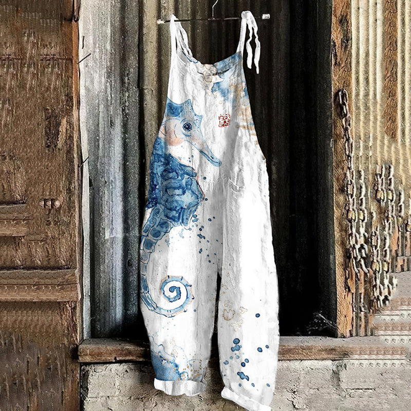 Vintage Seahorse Ink Art Loose Casual Jumpsuit