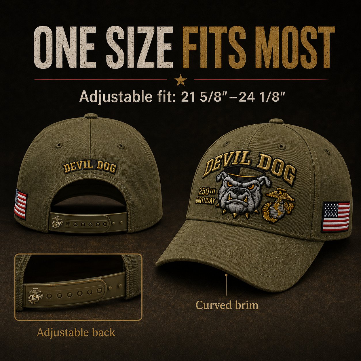 Handmade Embroidered Devil Dog 250th Birthday Commemorative Cap 🇺🇸