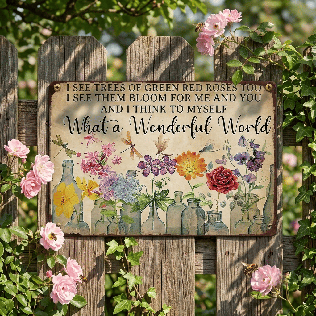 Vintage "What a Wonderful World" Floral & Dragonfly Metal Tin Sign
