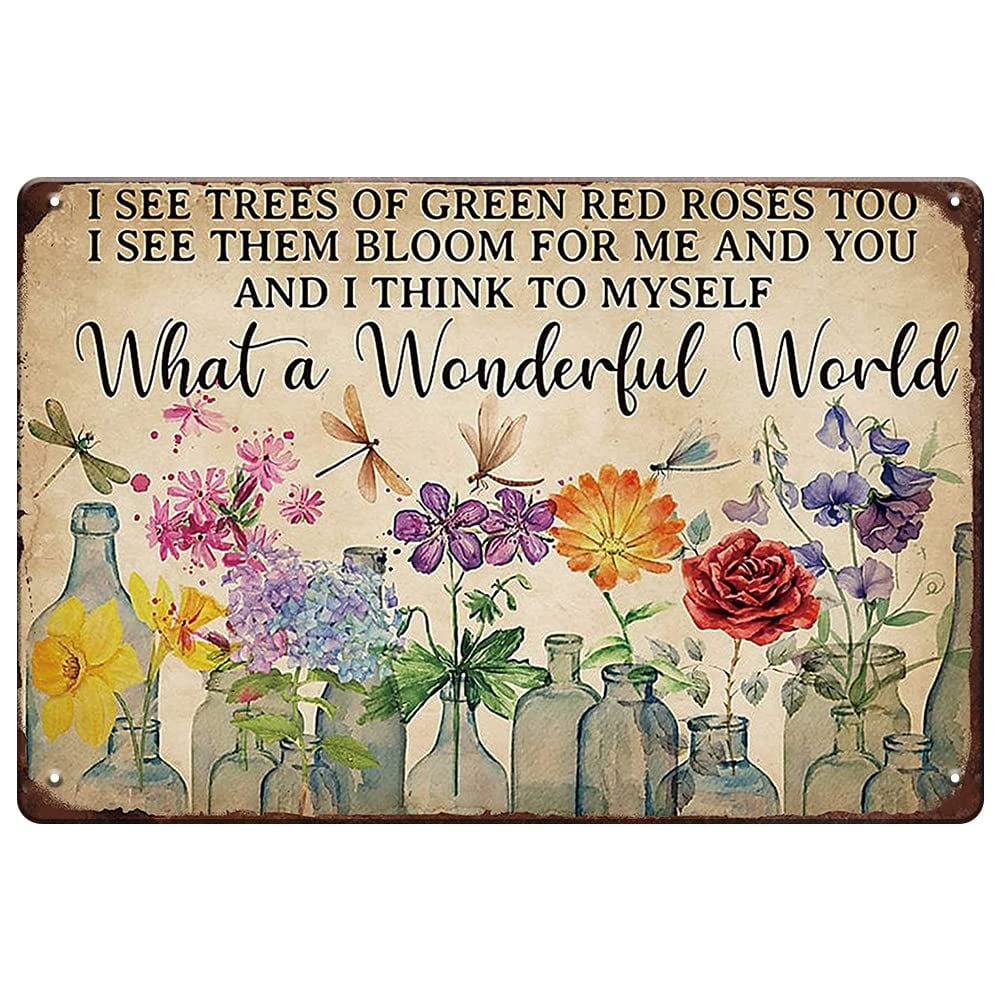 Vintage "What a Wonderful World" Floral & Dragonfly Metal Tin Sign