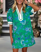 Floral Embroidered Wavy Trim Dress