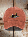 Retro Cat Embroidery Print Washed Hat
