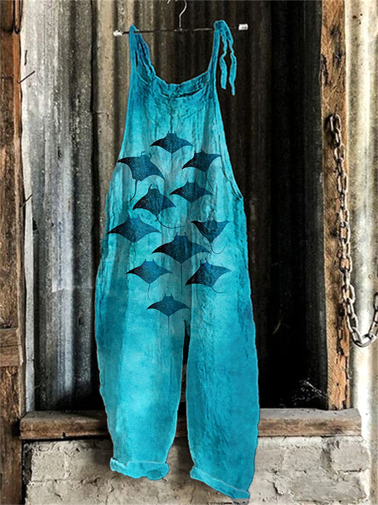 Manta Rays Print Linen Blend Casual Jumpsuit