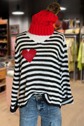 Striped V-Neck Heart Pattern Long Sleeve Sweater