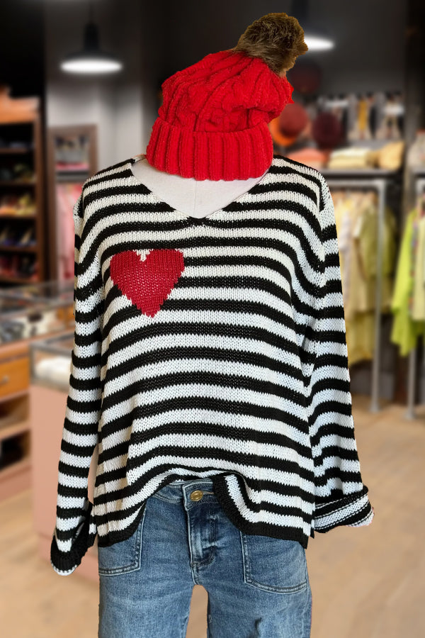 Striped V-Neck Heart Pattern Long Sleeve Sweater