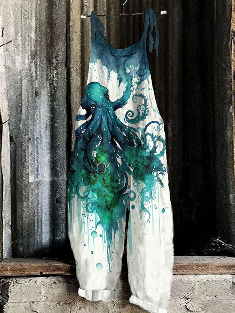 Retro Watercolor Mutated Octopus Print Loose Casual Jumpsuit