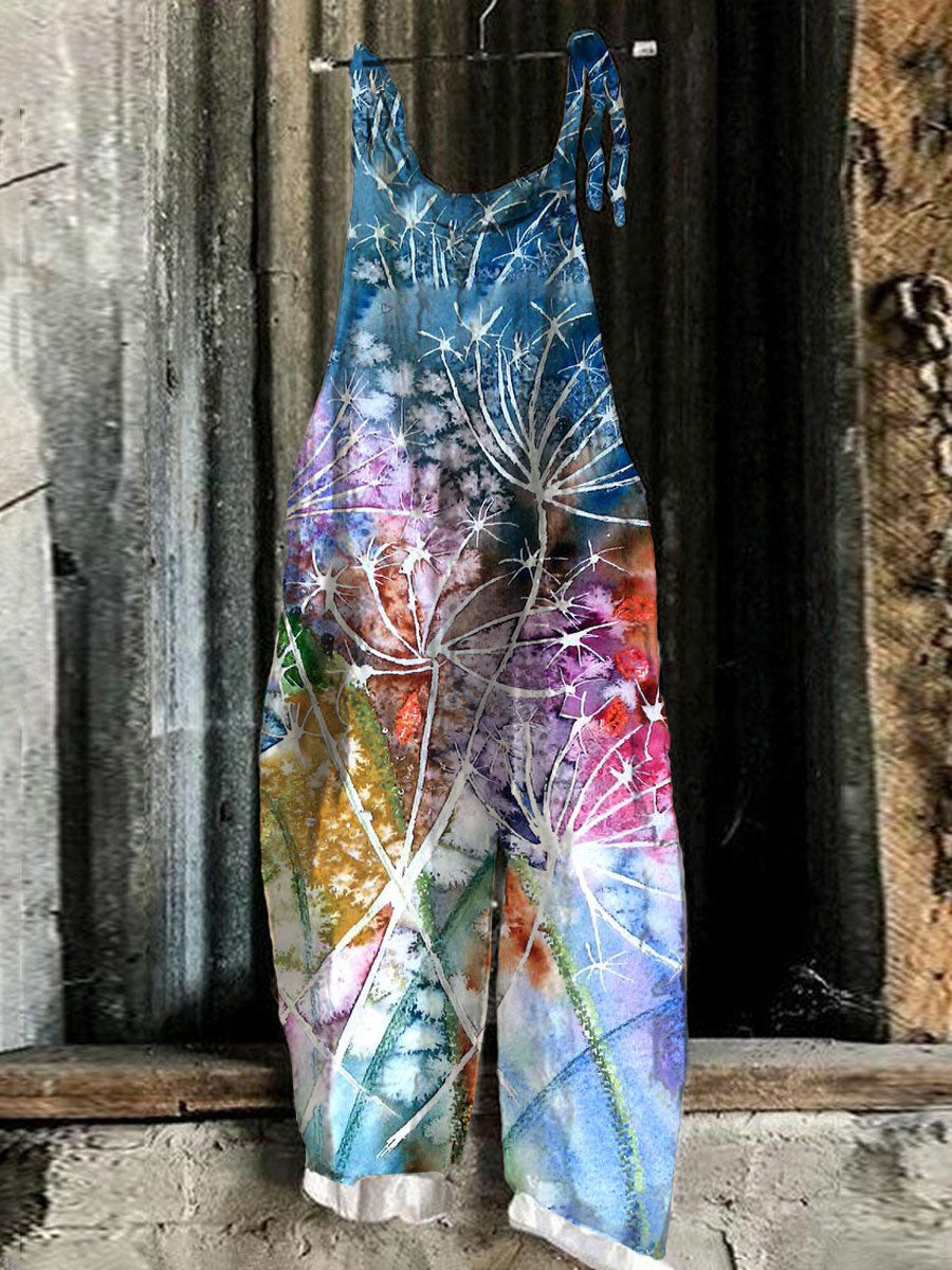 Colored Dandelions Linen Blend Loose Casual Jumpsuit