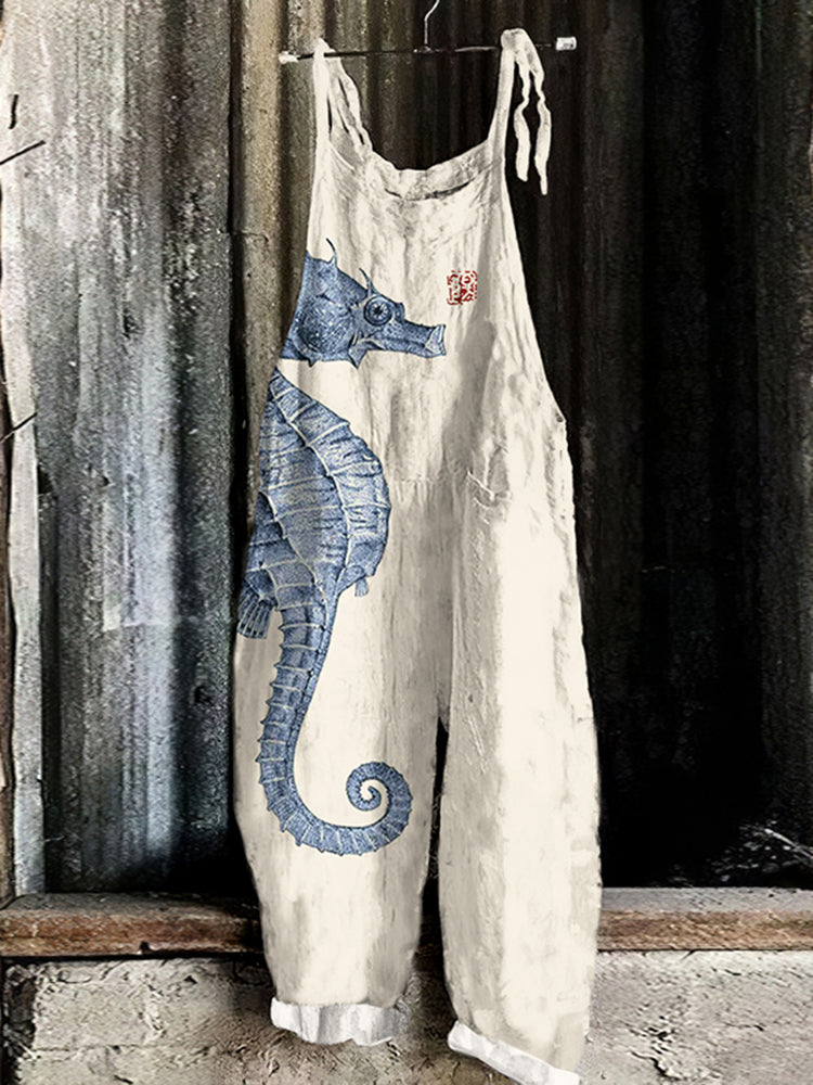 Vintage Seahorse Art Loose Casual Jumpsuit