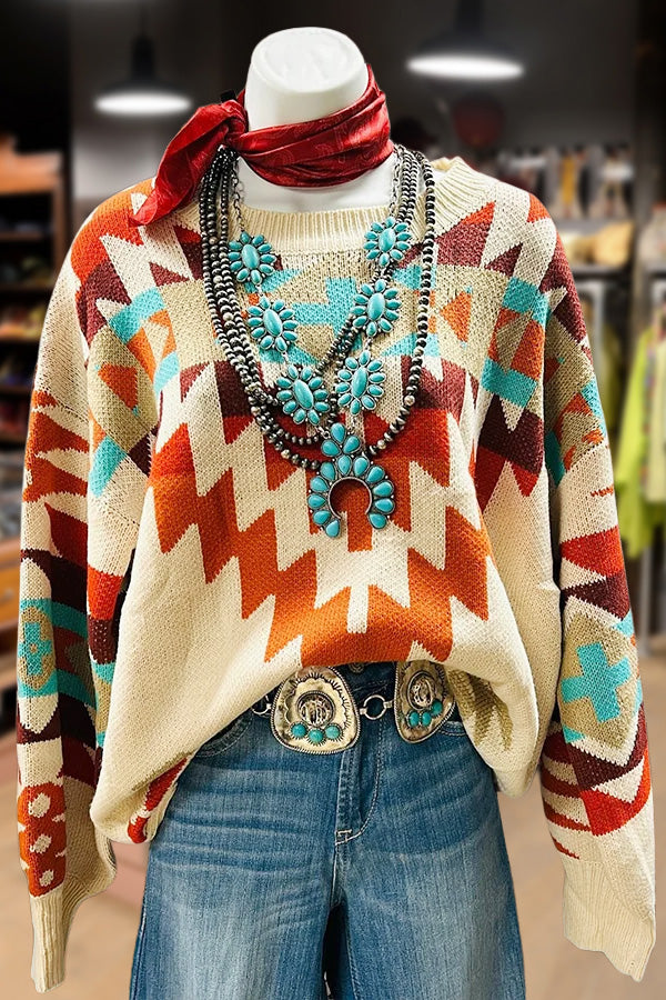 Retro Aztec Pattern Long Sleeve Sweater