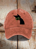 Japanese Art Black Cat Print Washed Hat