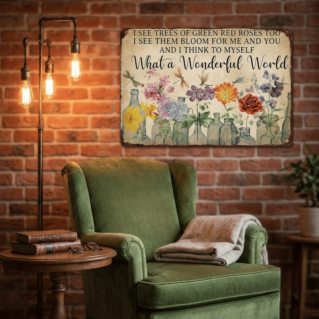 Vintage "What a Wonderful World" Floral & Dragonfly Metal Tin Sign