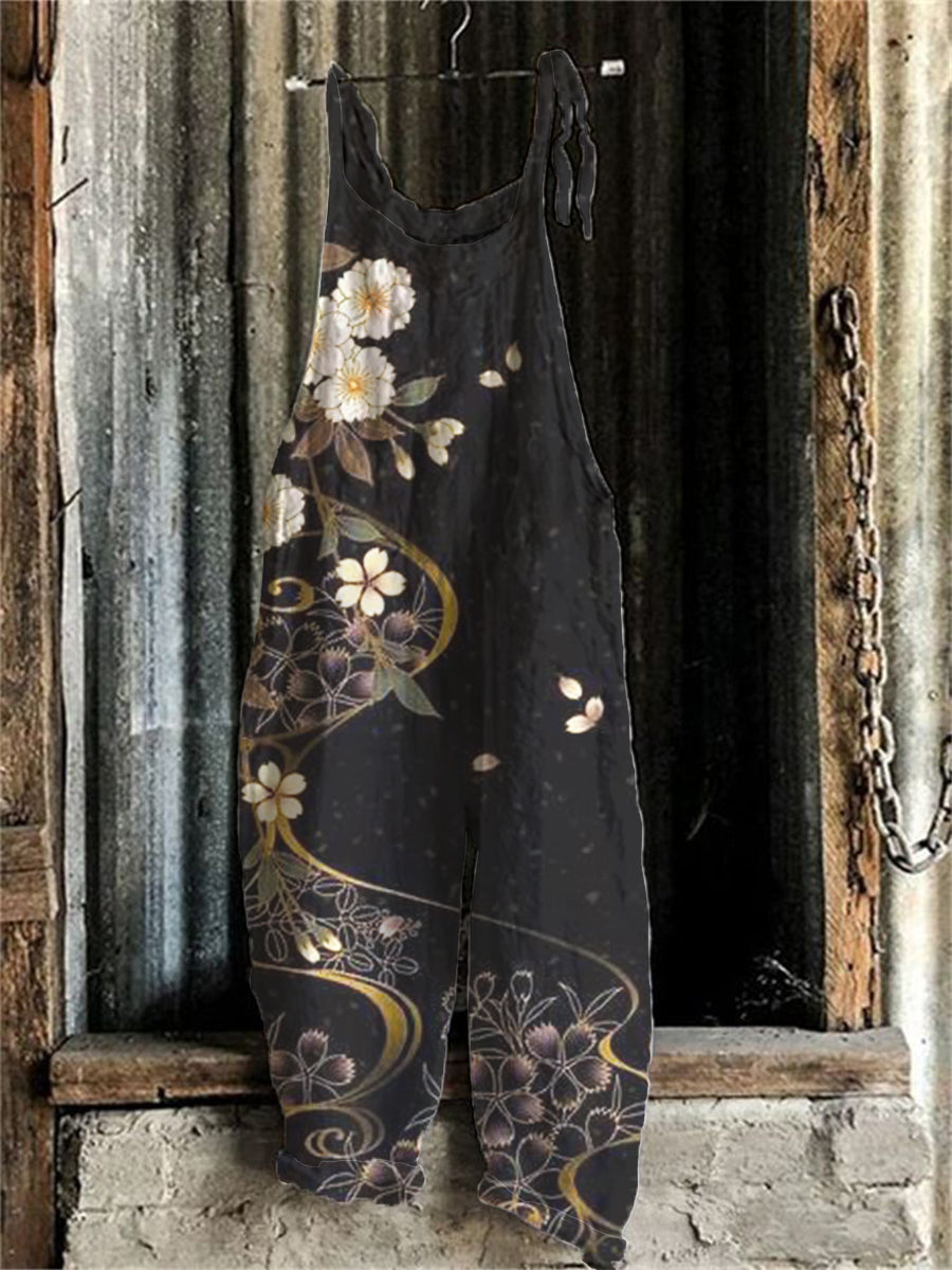Japanese Cherry Blossoms Art Linen Blend Loose Casual Jumpsuit