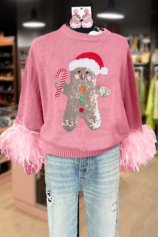 Sequin Gingerbread Man Feather Long Sleeve Sweater