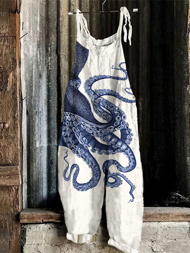Japanese Art Octopus Print Loose Casual Jumpsuit