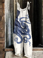 Japanese Art Octopus Print Loose Casual Jumpsuit