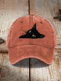 Japanese Art Black Cat Print Washed Hat
