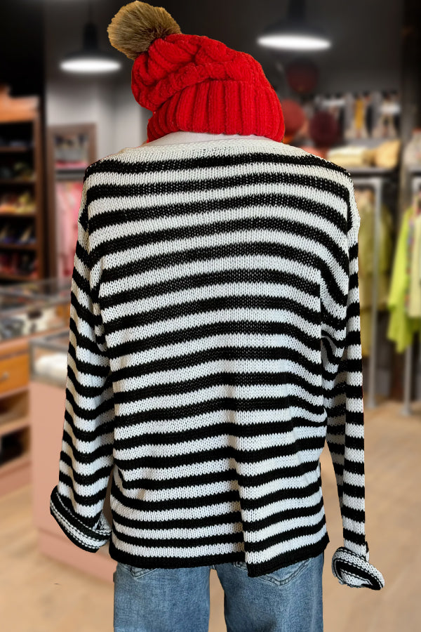 Striped V-Neck Heart Pattern Long Sleeve Sweater