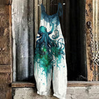Retro Watercolor Mutated Octopus Print Loose Casual Jumpsuit