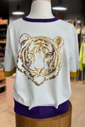 Colorful Sequin Tiger Patch Short Sleeve Sweater Top