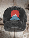 White Cat Snow on Mount Fuji Japanese Art Washed Cap