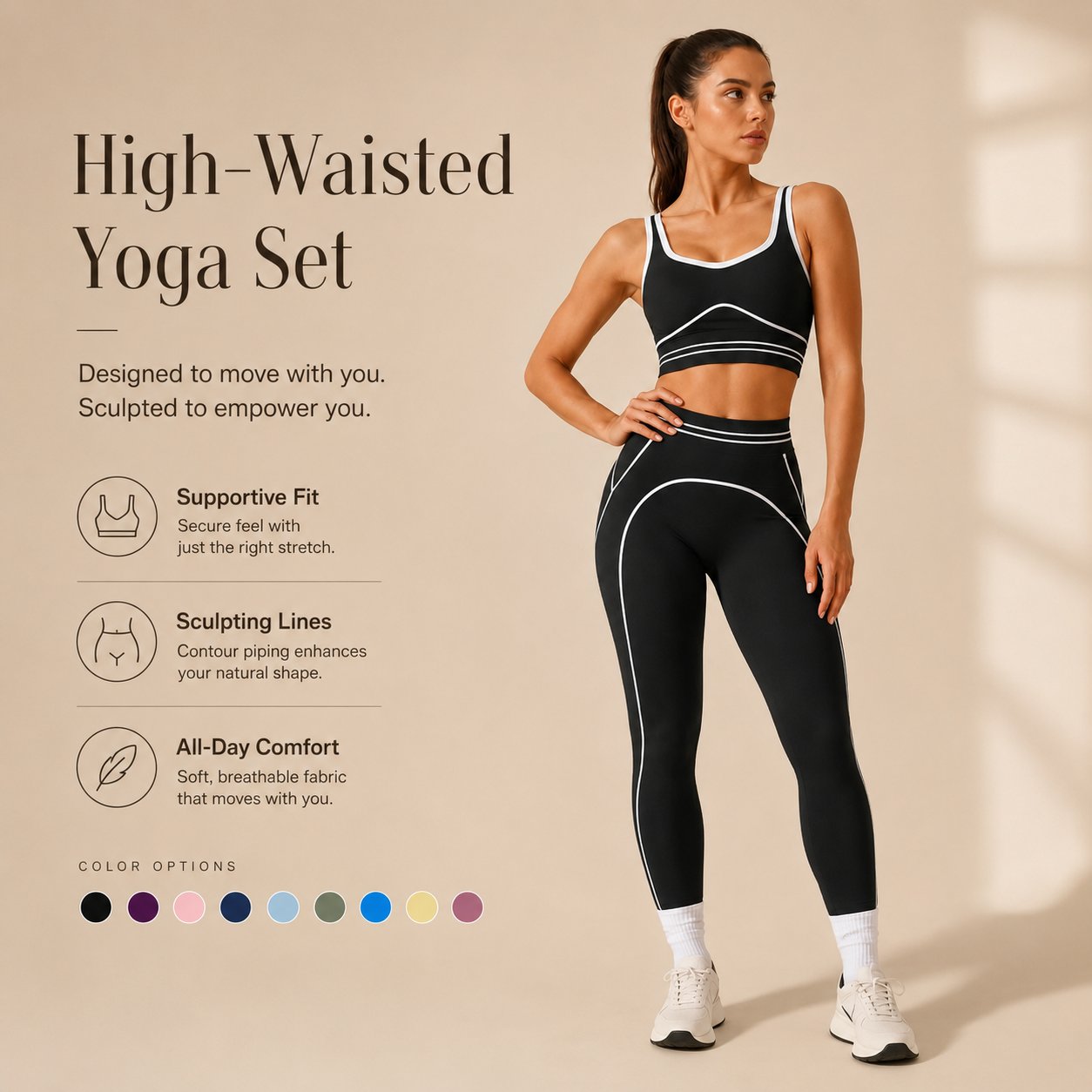 ✨High Waist Contrast Line Yoga 2 Piece Set, Butt-Lift Sculpt Workout Outfit, Supportive Sports Bra & Stretch Leggings for Gym Running Tennis