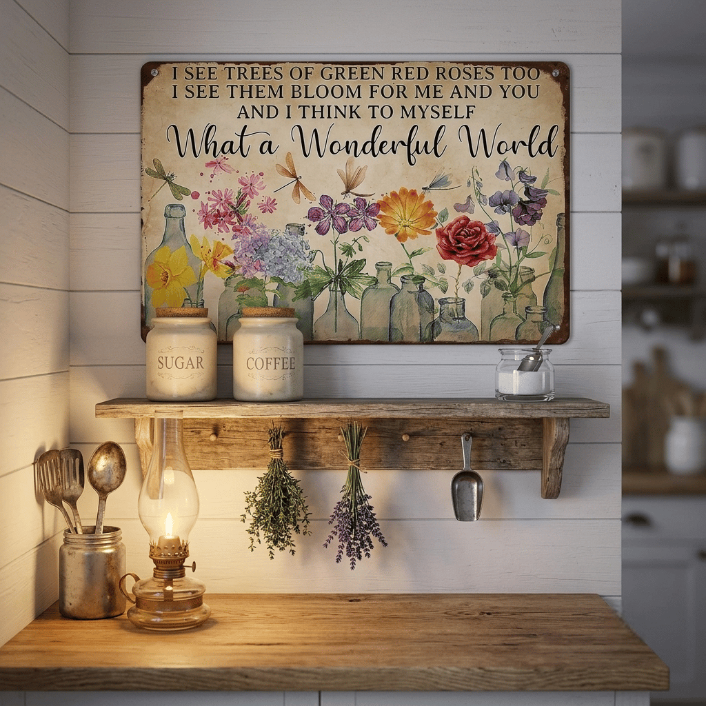 Vintage "What a Wonderful World" Floral & Dragonfly Metal Tin Sign