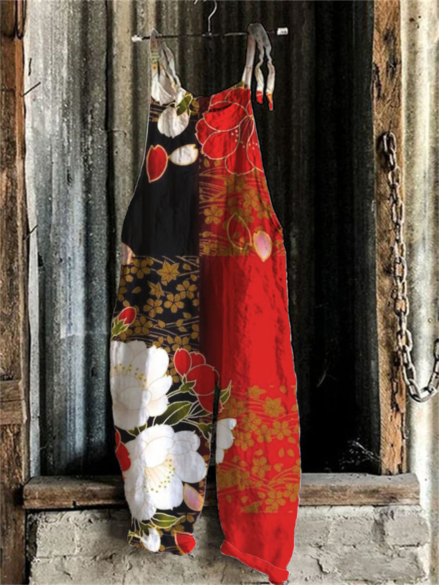 Japanese Art Red Floral Print Linen Blend Loose Casual Jumpsuit