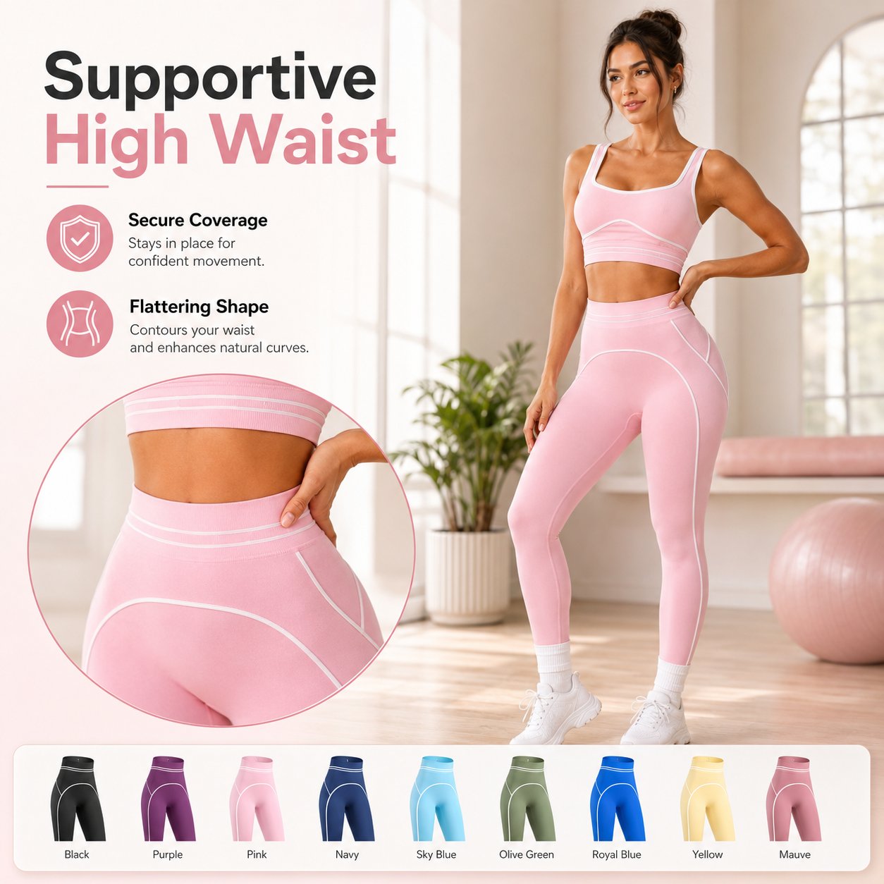 ✨High Waist Contrast Line Yoga 2 Piece Set, Butt-Lift Sculpt Workout Outfit, Supportive Sports Bra & Stretch Leggings for Gym Running Tennis