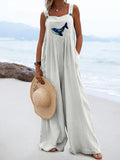 Water Lilies Inspired Embroidered Whale Linen Blend Jumpsuit
