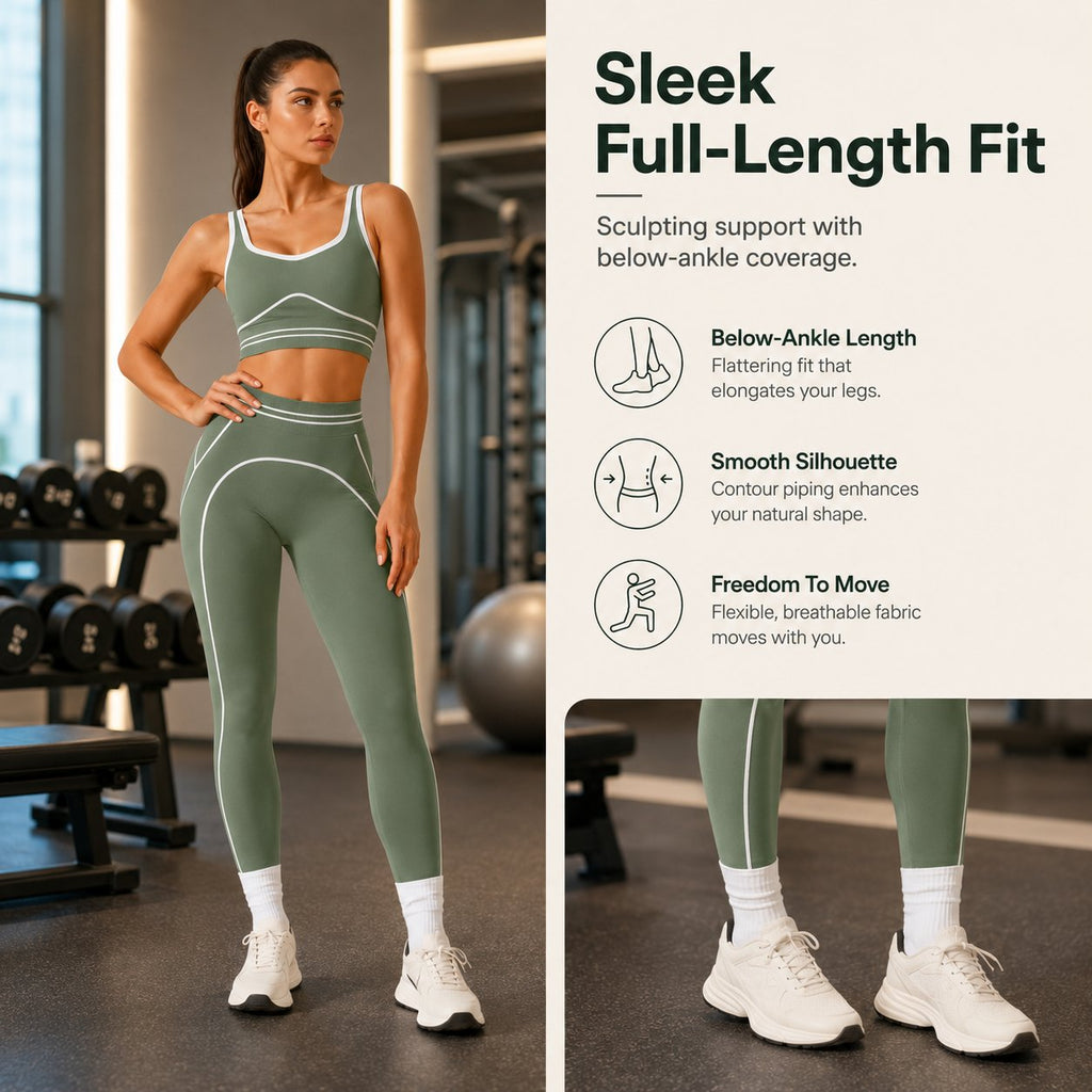 ✨High Waist Contrast Line Yoga 2 Piece Set, Butt-Lift Sculpt Workout Outfit, Supportive Sports Bra & Stretch Leggings for Gym Running Tennis