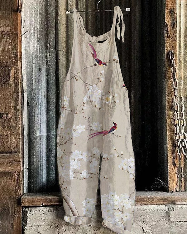 Flower Birds Landscape Art Retro Jumpsuit